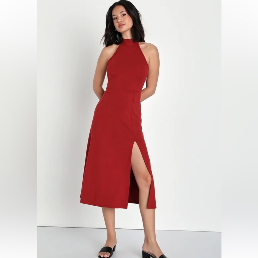 Unforgettable Favorite Rust Red Halter Midi Dress